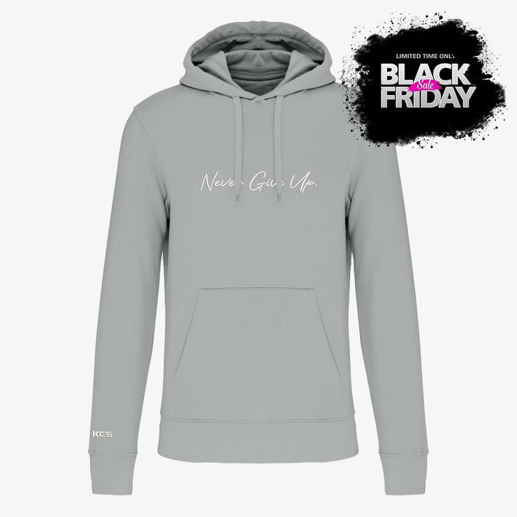 Never Give Up Script Eco Friendly Hoodie - Snow Grey