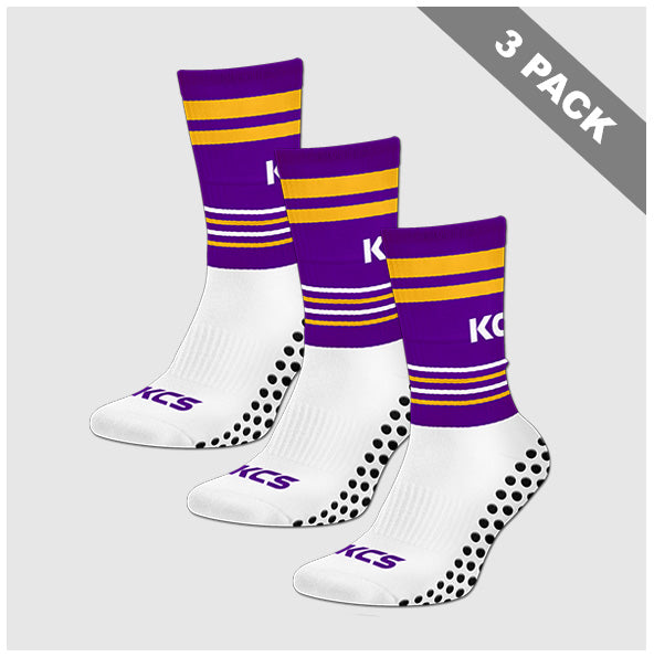 Lough Lene Gaels Hurling Club Pack of 3 KCS SideStepz Grip Socks - White / Purple / Gold