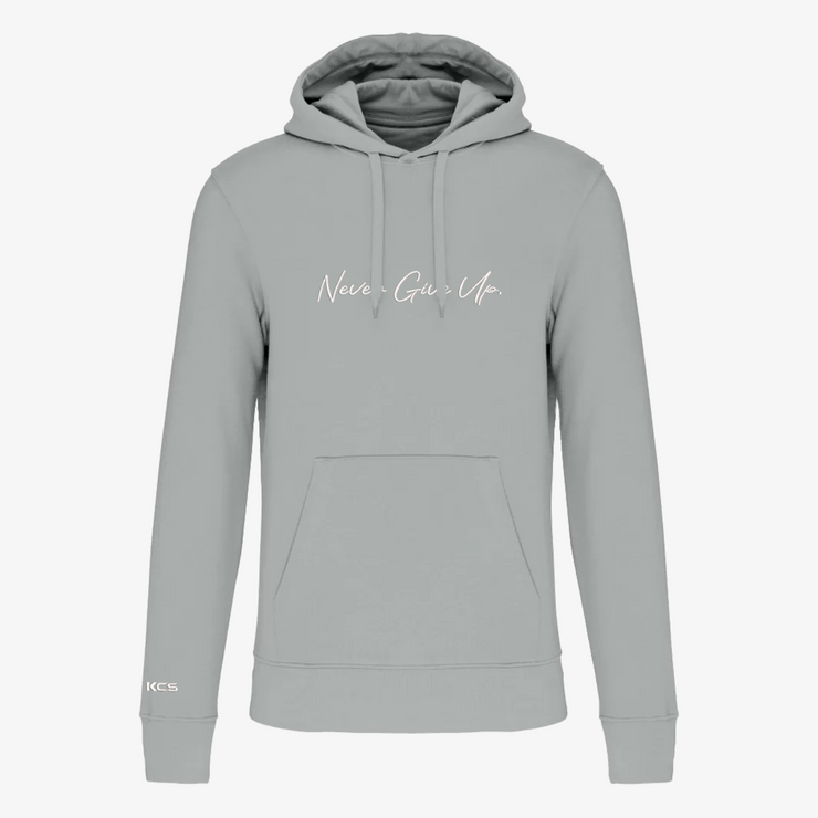 Never Give Up Script Eco Friendly Hoodie - Snow Grey